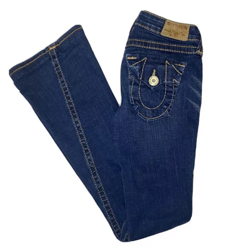 True Religion Flare Twisted Hem Yellow Stitch Jean